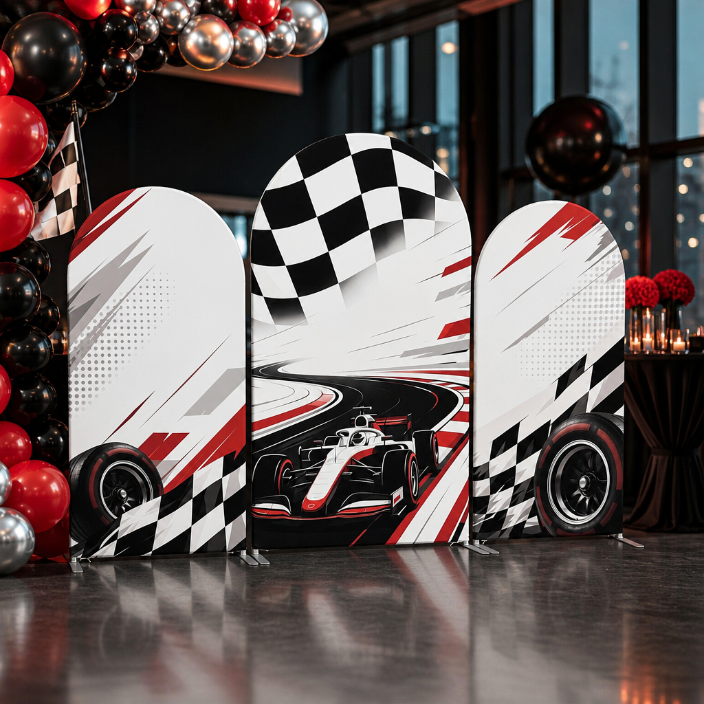 Race car themed three-piece arch backdrop cover with checkered flag design
