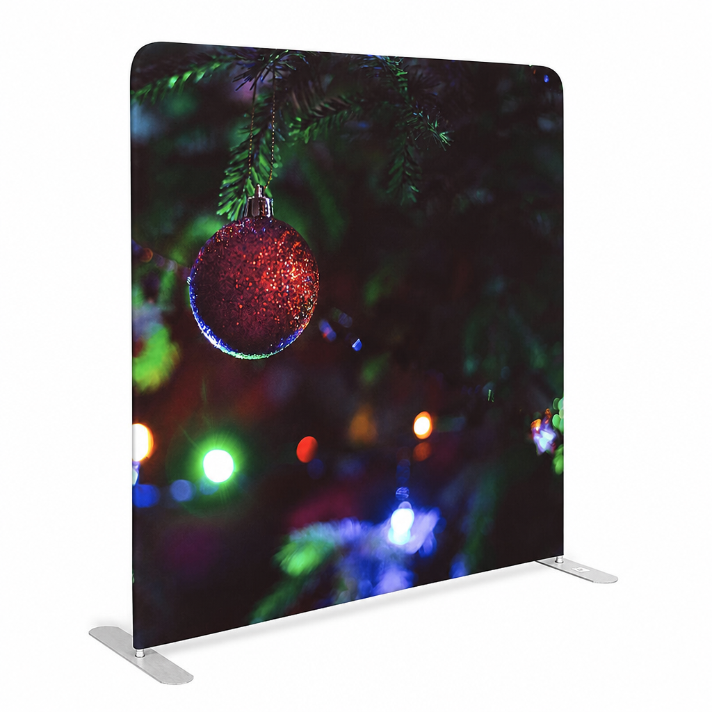 Side view of Christmas red ornament photo booth backdrop