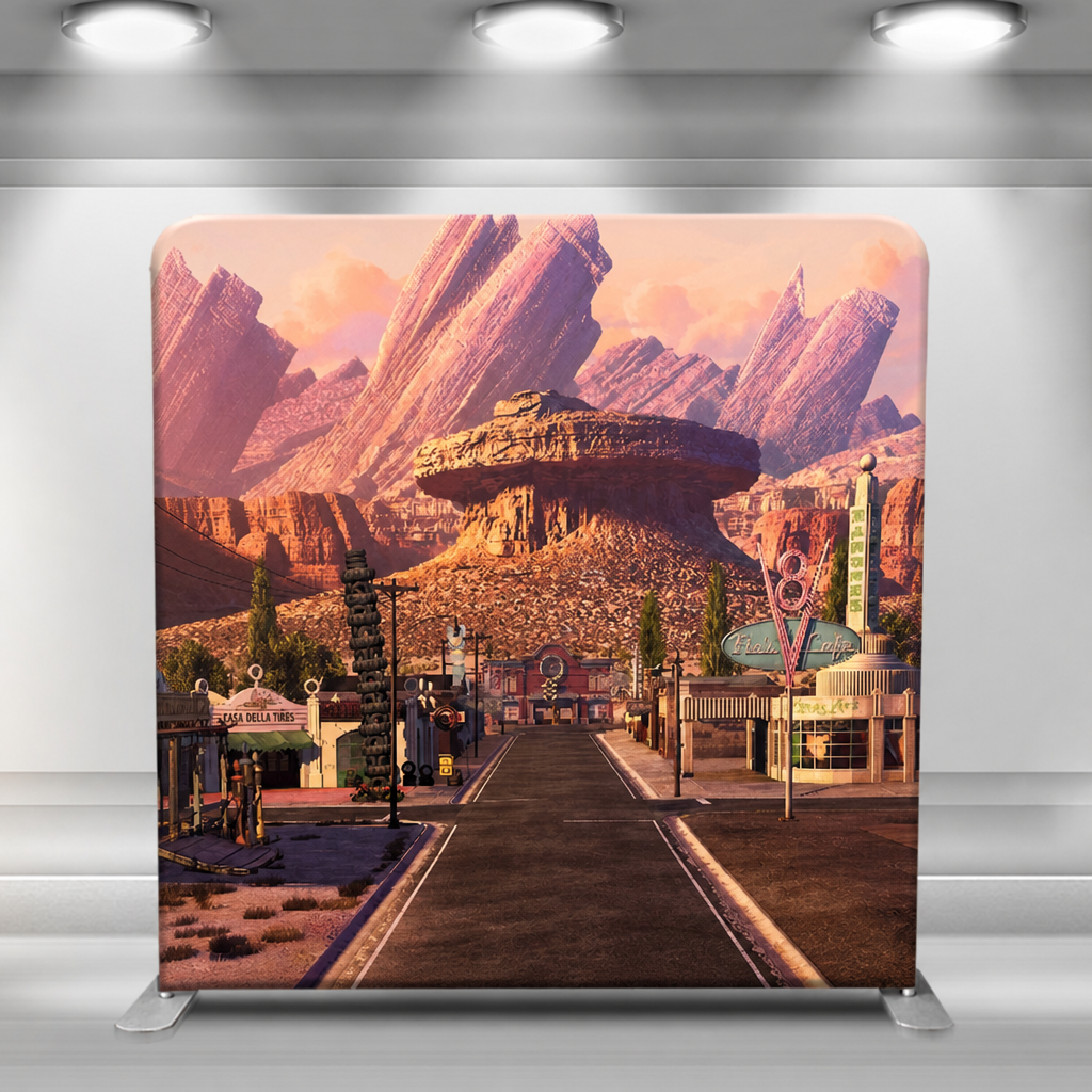 Route 66 desert town scene backdrop with red rock formations and sunset
