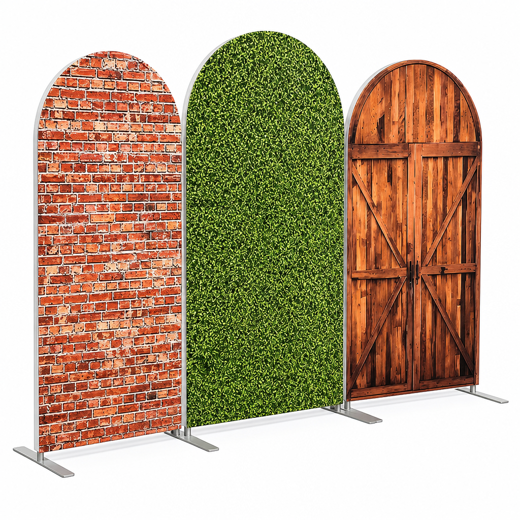 Arch backdrop cover with rustic wooden double doors