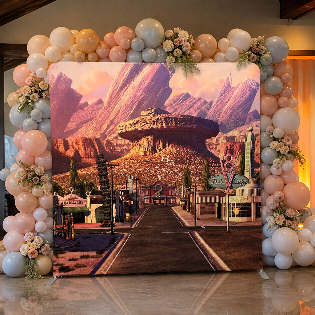 Event setup with Route 66 themed backdrop surrounded by balloons and flowers