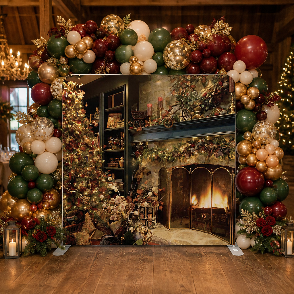Rustic Christmas fireplace backdrop surrounded by green, gold, and burgundy balloon arch with floral accents