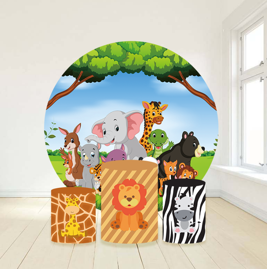 Forest Safari Wild One Two Round Circle Backdrop With Dessert Plinth Cylinder