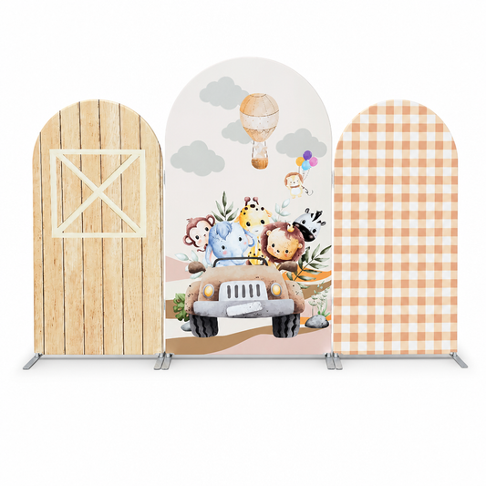 Three-piece safari animal arch backdrop with cute jungle animals in a car and gingham pattern