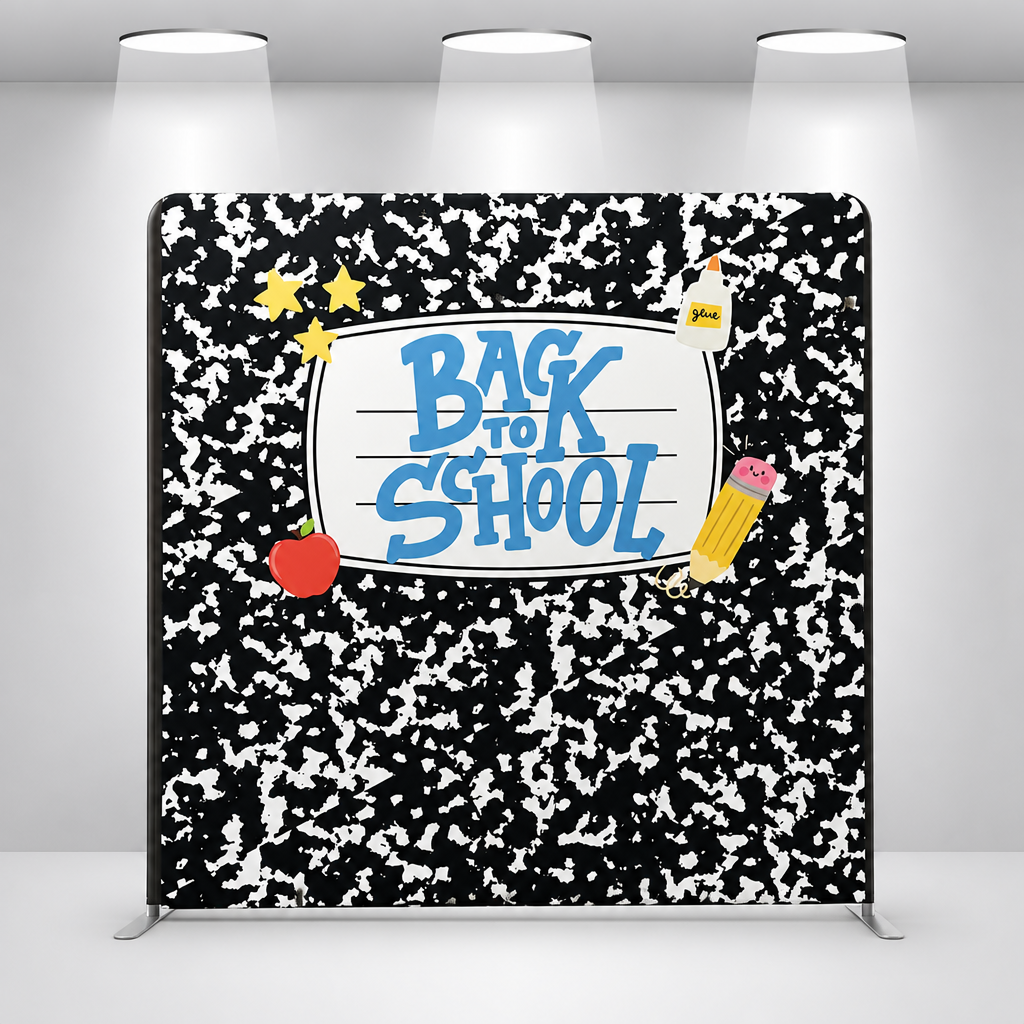 Front view of the Back to School notebook pattern backdrop with aluminum stand