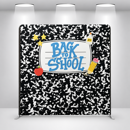 Front view of the Back to School notebook pattern backdrop with aluminum stand