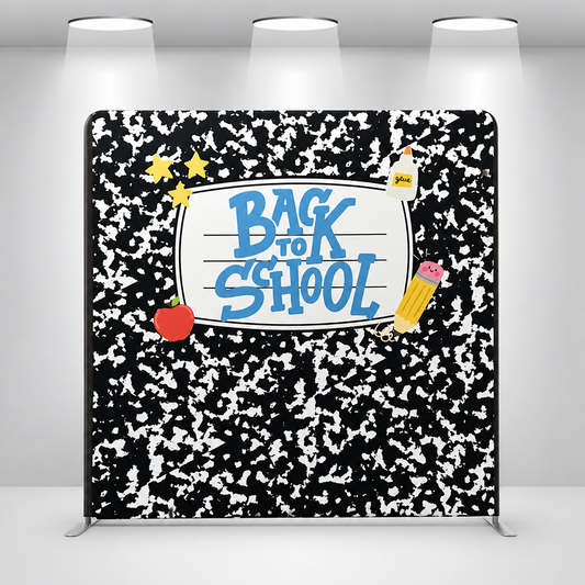 Front view of the Back to School notebook pattern backdrop with aluminum stand