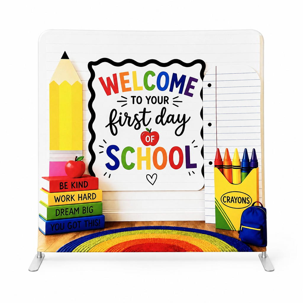 Front view of first day school backdrop on stand