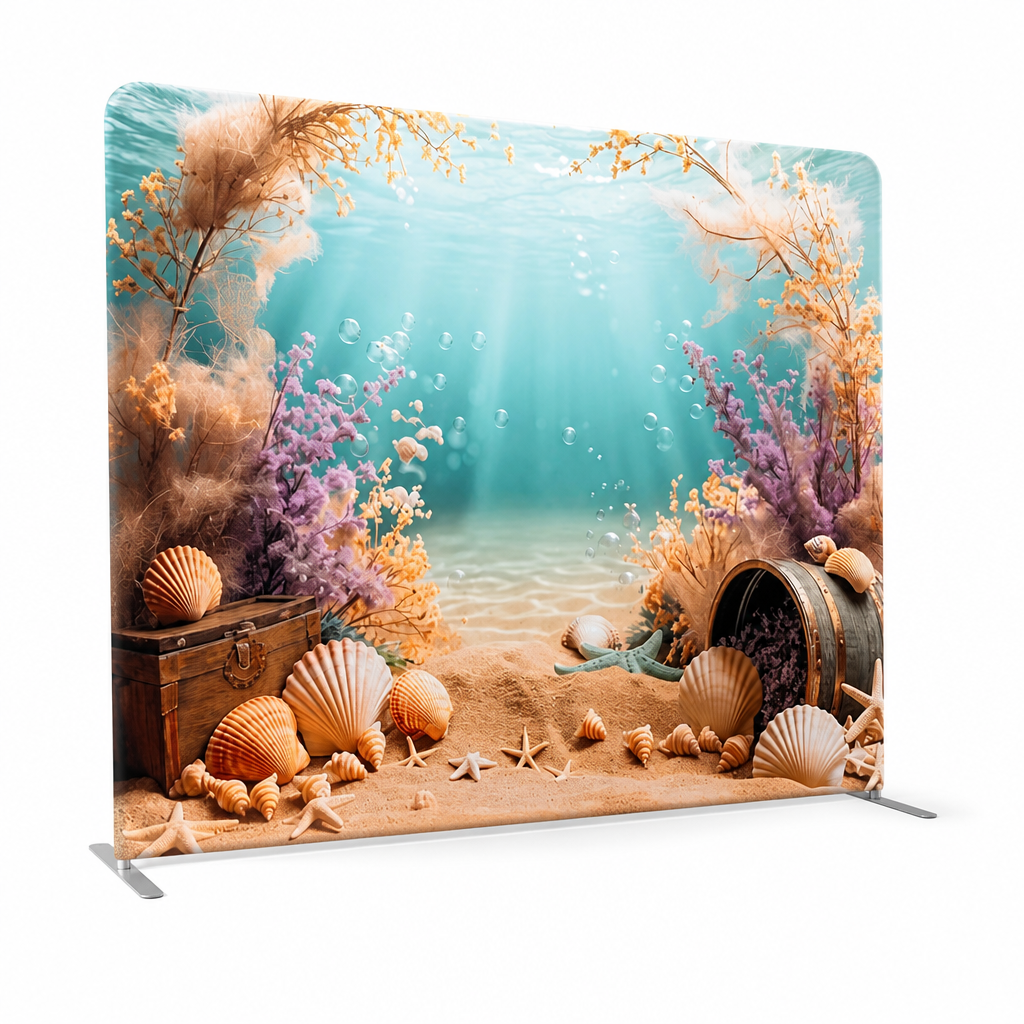 Side view of underwater ocean treasure backdrop with aluminum stand