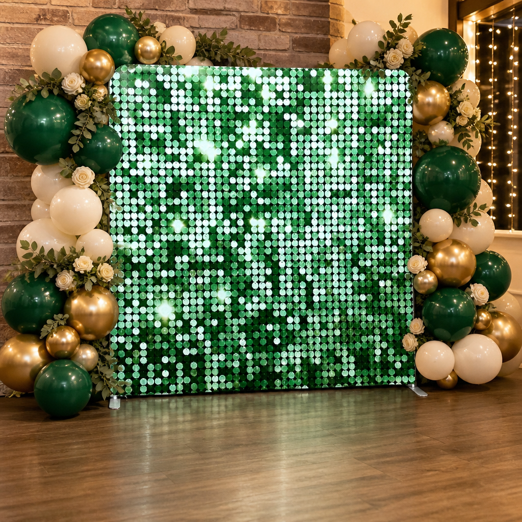 Party setting with shimmering green sequin fabric backdrop surrounded by green, white and gold balloons