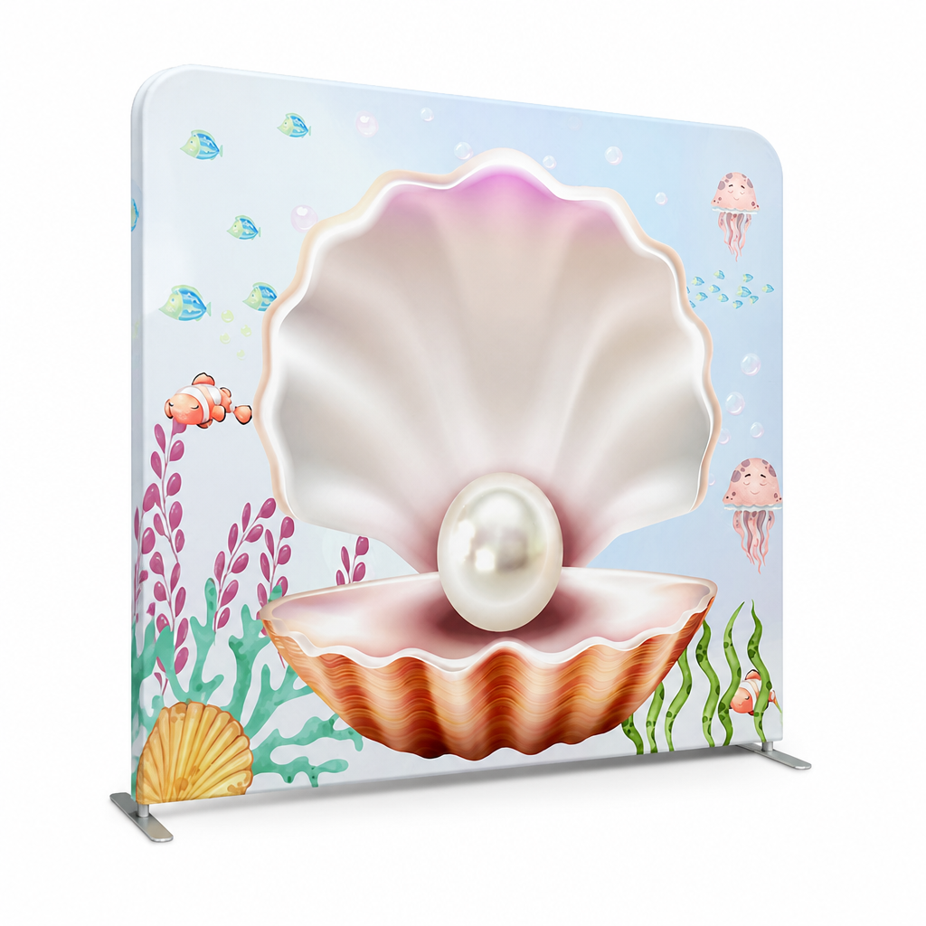 Side angle of underwater pearl shell photo booth backdrop