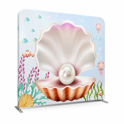 Side angle of underwater pearl shell photo booth backdrop