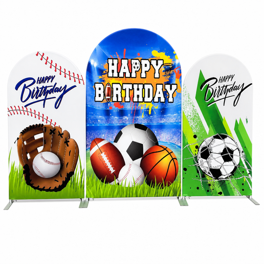 Sports themed birthday party arch backdrop with baseball glove and ball