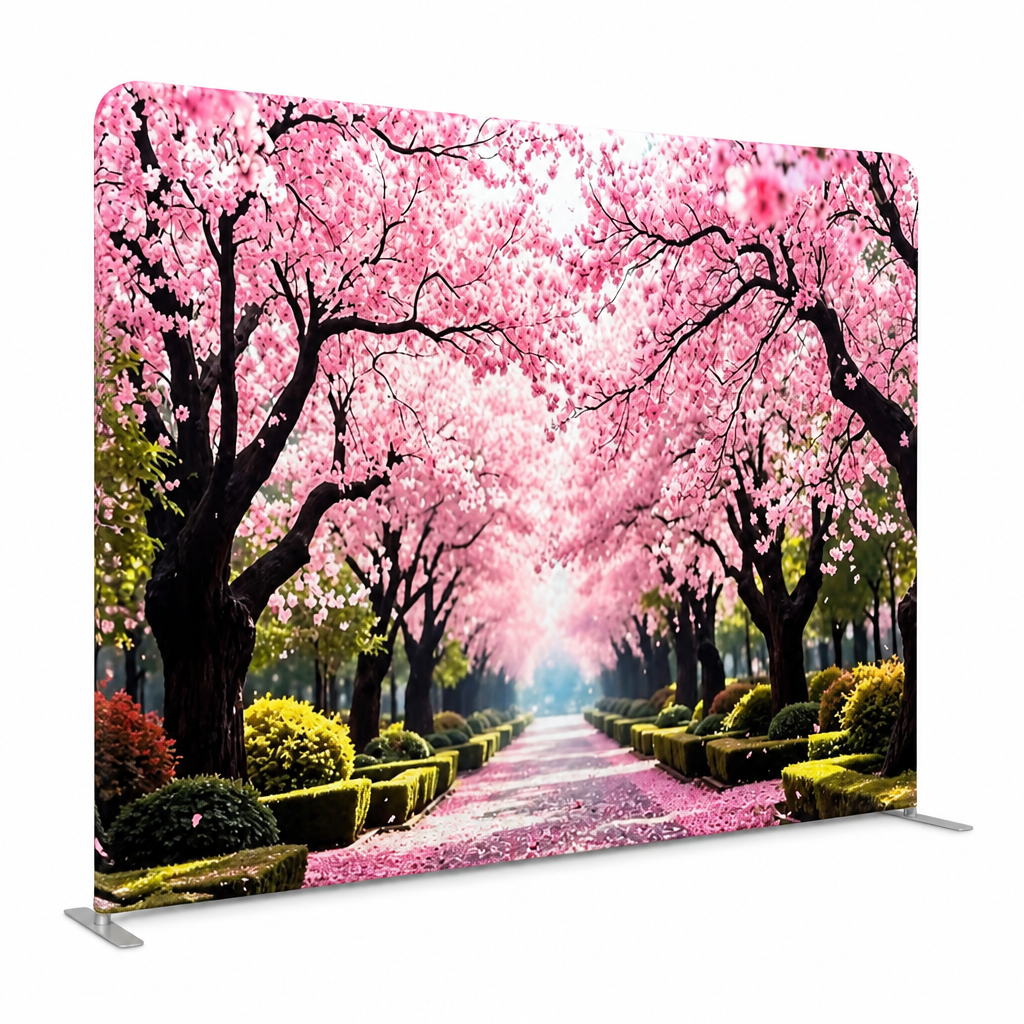 Side view of cherry blossom photo booth backdrop with aluminum stand