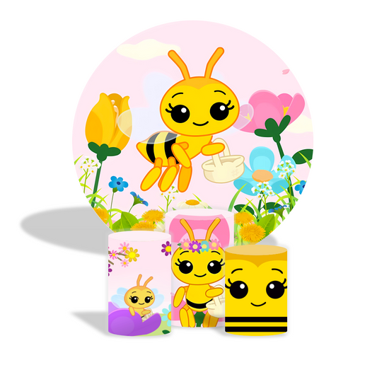 Sweet Bee Background Baby Shower Decoration Round Circle Backdrop Cover Plinth Cylinder Pedestal Cover
