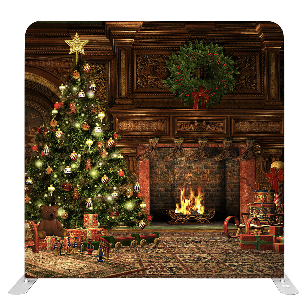Christmas party backdrop with tree and fireplace