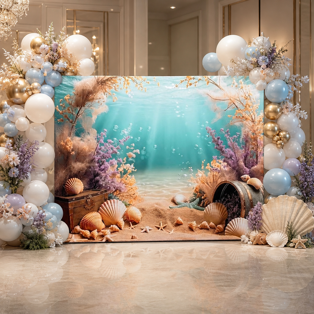 Photo booth setup with underwater ocean treasure backdrop