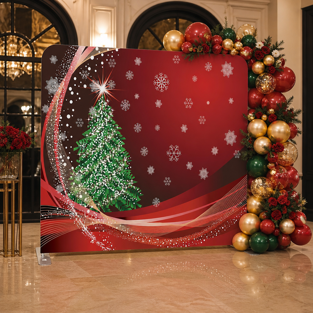 Christmas tree backdrop with festive snowflakes and balloon arch decoration