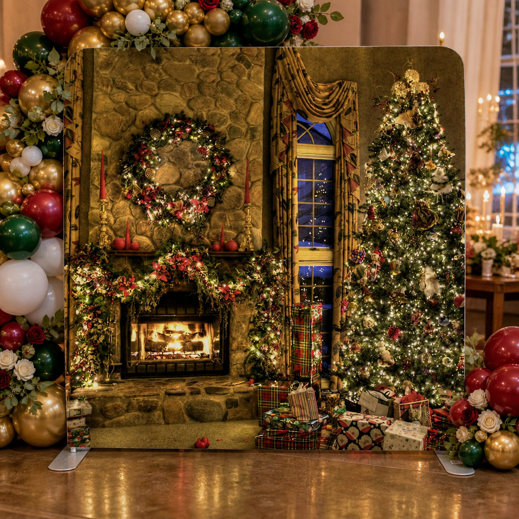 Festive Christmas scene backdrop with gifts and warm fireplace