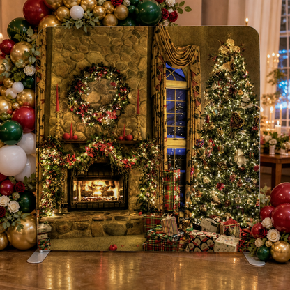 Festive Christmas scene backdrop with gifts and warm fireplace