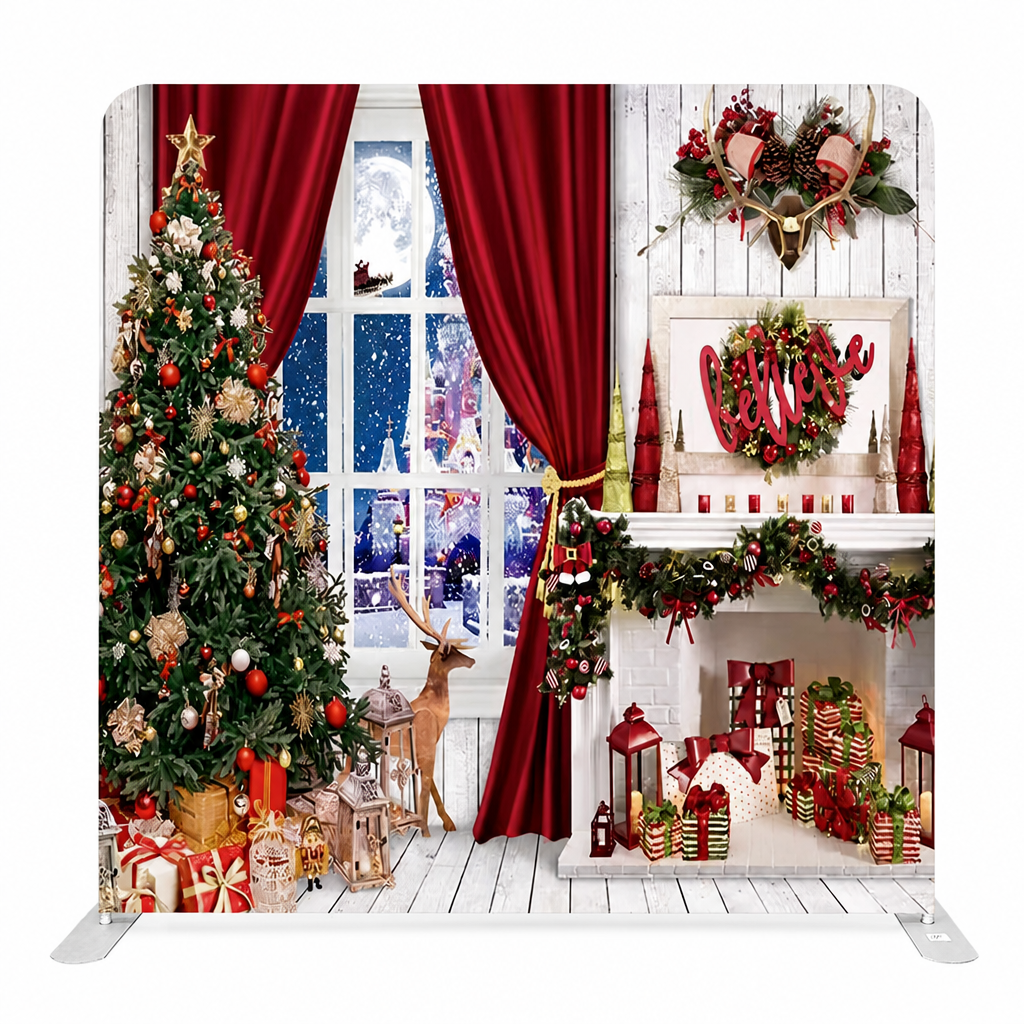 Front view of Christmas fireplace and tree backdrop for holiday party photo booth