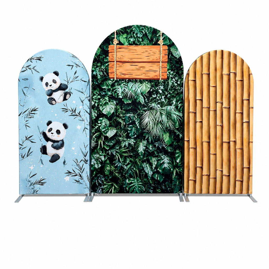 Arch Backdrop Set Featuring Tropical Leaves and Wooden Sign