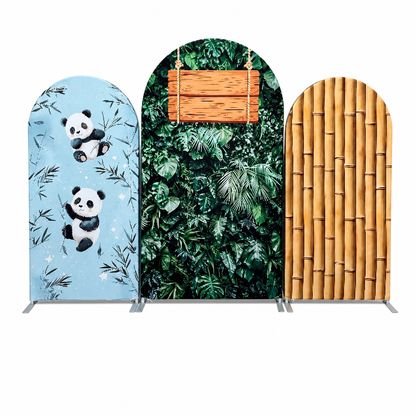 Arch Backdrop Set Featuring Tropical Leaves and Wooden Sign