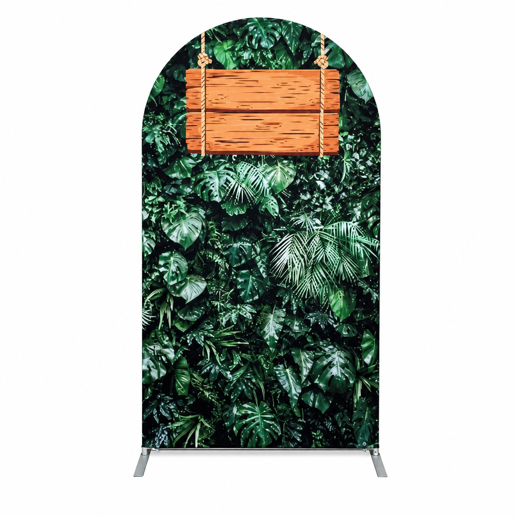Arch backdrop with lush tropical green leaves and wooden swing
