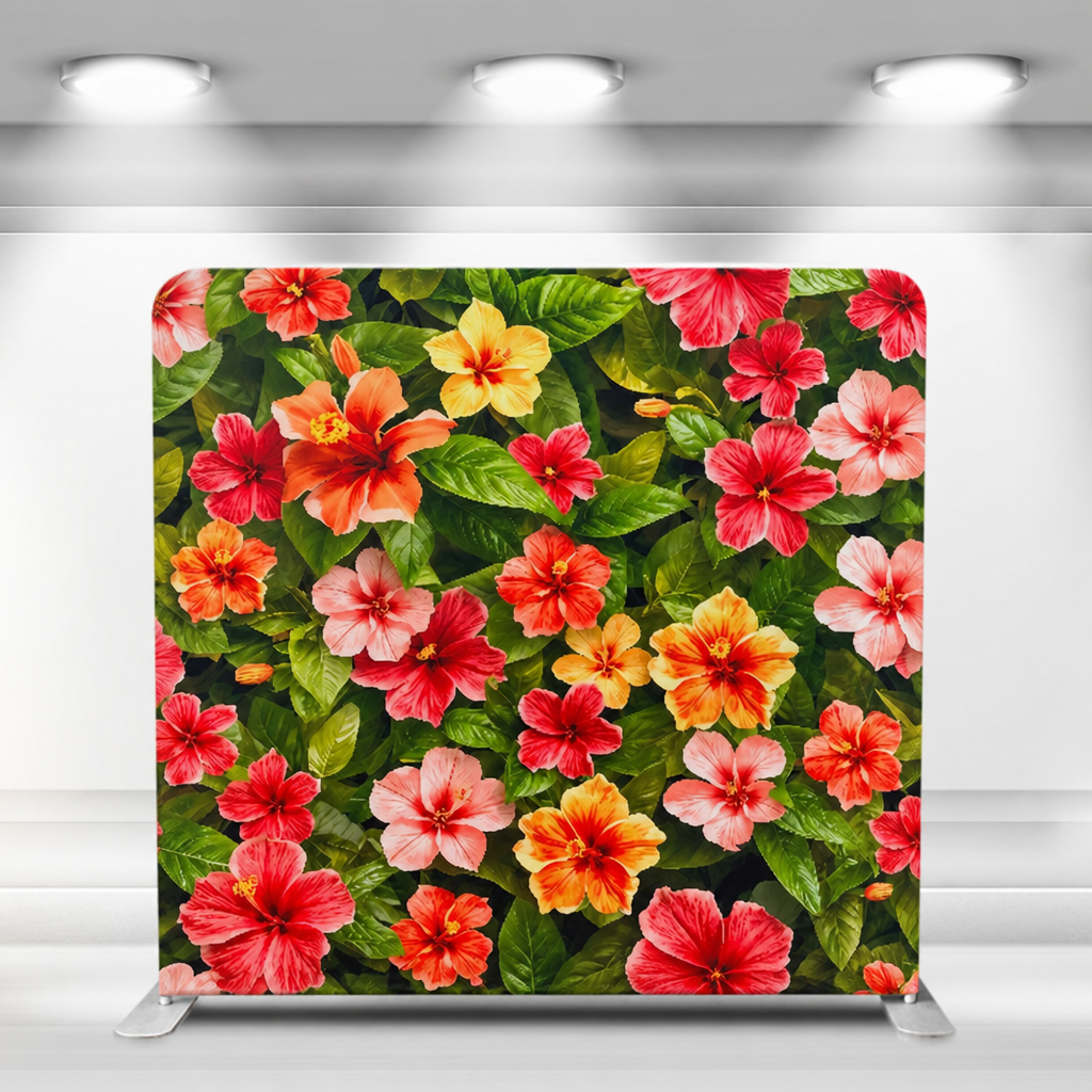 Hibiscus floral fabric backdrop with aluminum stand in indoor setting