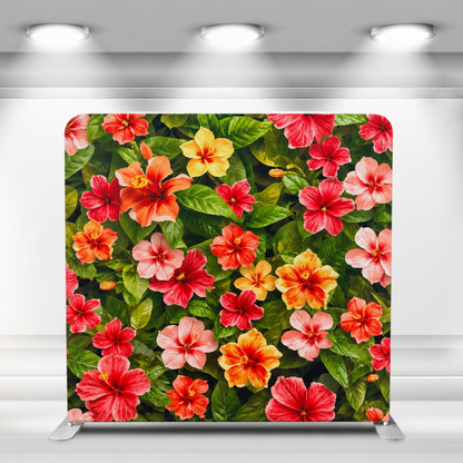 Hibiscus floral fabric backdrop with aluminum stand in indoor setting