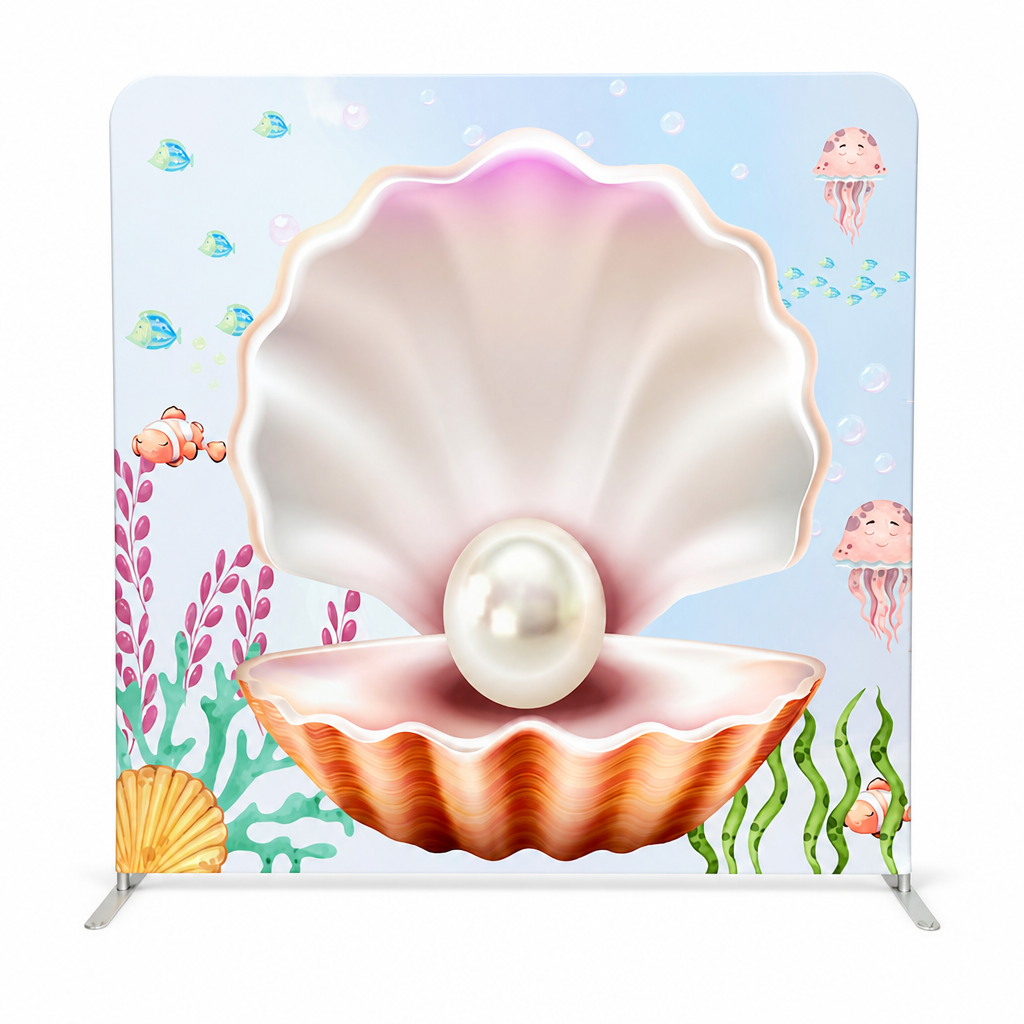Underwater pearl shell photo booth fabric backdrop with stand