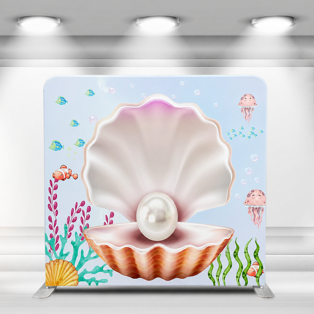 Underwater pearl shell fabric photo booth backdrop with stand for kids parties
