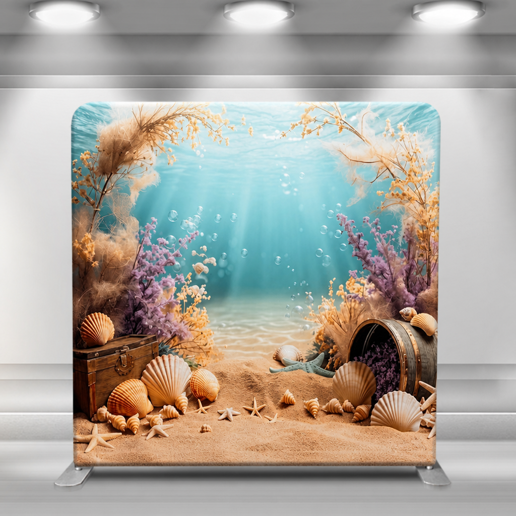 Underwater ocean treasure photo booth backdrop with seashells and coral