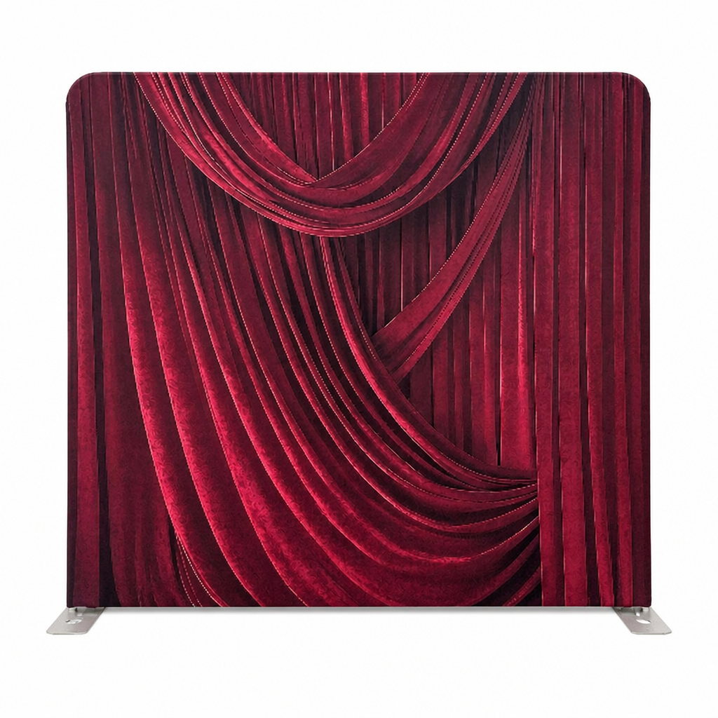 Velvet red draped curtain fabric backdrop on aluminum stand