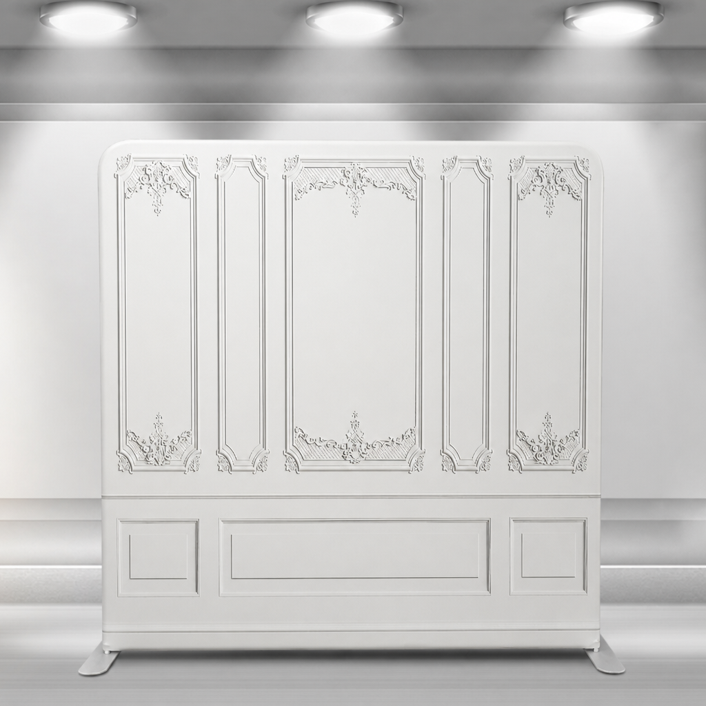 Elegant white classic panel photo booth backdrop with aluminum stand