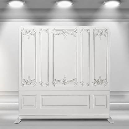Elegant white classic panel photo booth backdrop with aluminum stand
