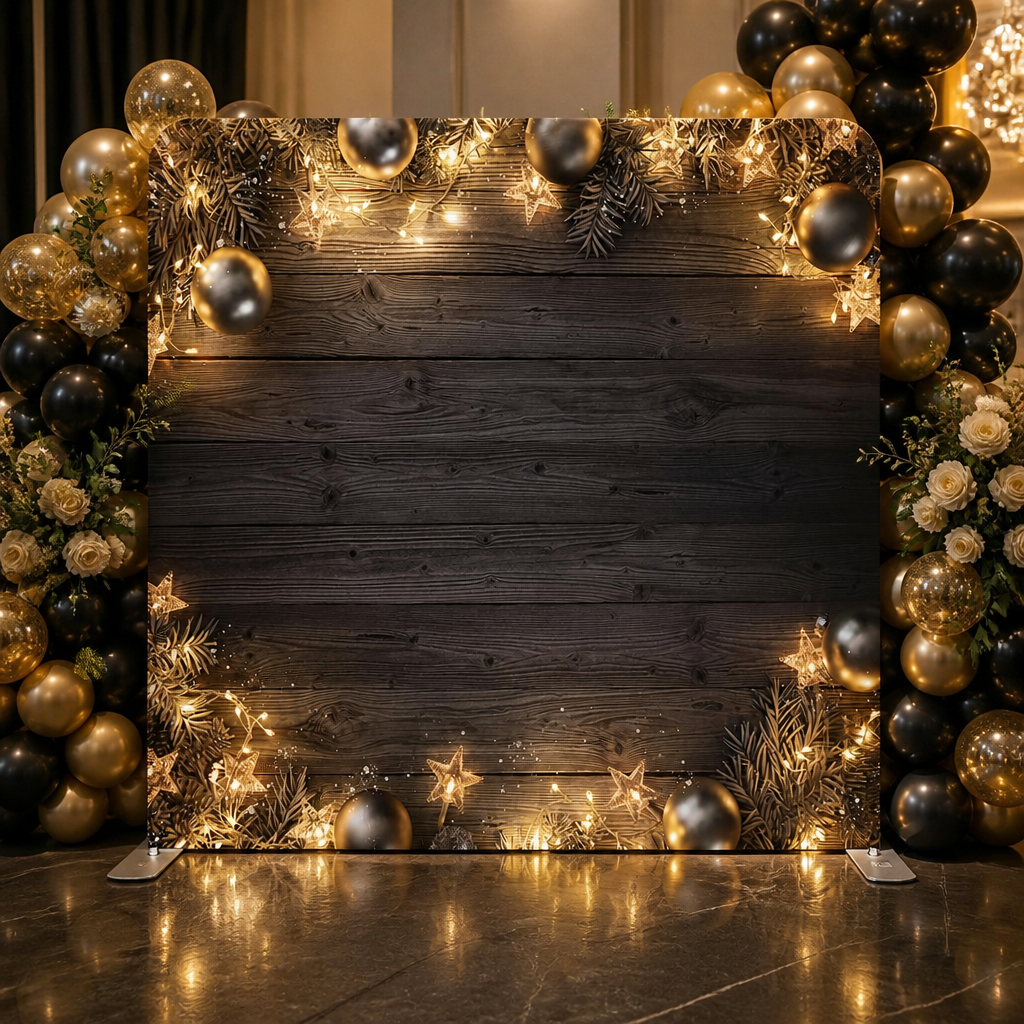 Black wooden texture event backdrop with warm gold lights