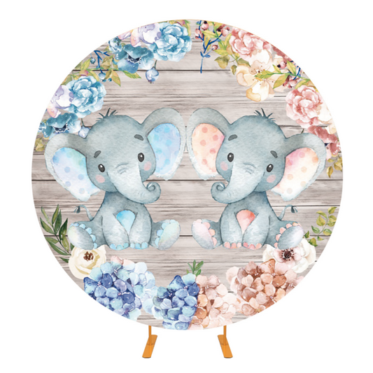 Twins Elephant Decoration Baby Shower Round Backdrop