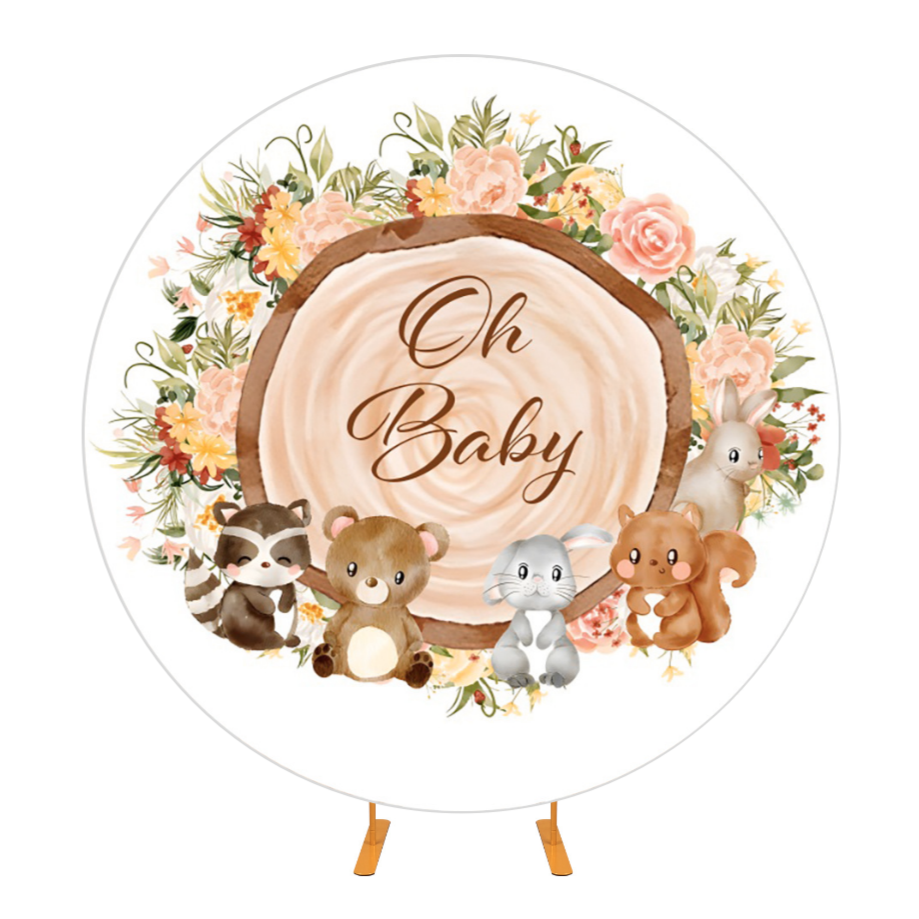 Animal Floral Wood Oh Baby Baby Shower Party Round Backdrop Cover