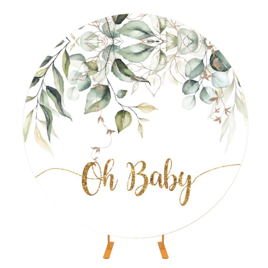 Green Leaf Gold Oh Baby Baby Shower Party Round Backdrop Cover