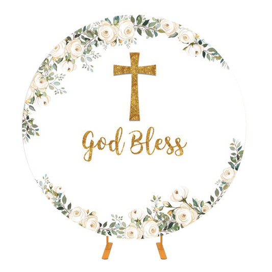 God Bless First Communion Christening Round Backdrop