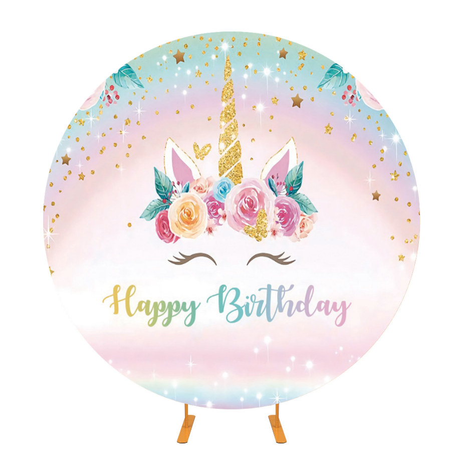 Girls Birthday Party Unicorn Theme Fabric Round Backdrop Cover