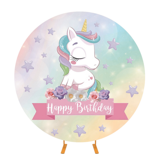 Unicorn Theme Birthday Fabric Round Background Cover