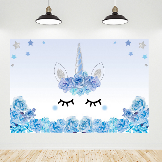 Blue Flora Unicorn Birthday Baby Shower Party Photography Backdrop Banner