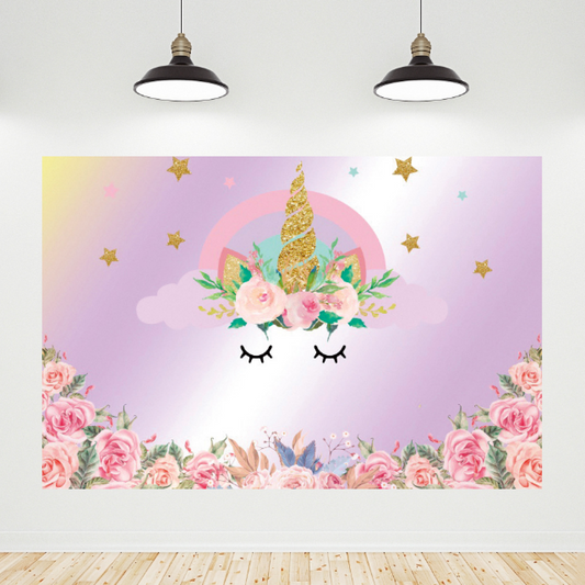 Pink Flora Unicorn Birthday Baby Shower Party Photo Booth Backdrop Banner