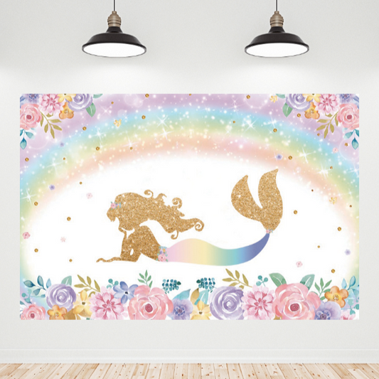 Mermaid Flora Backdrop Banner For Birthday Baby Shower Party
