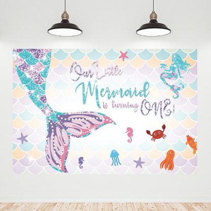 Our Little Mermaid Is Turning Happy Birthday Backdrop Banner