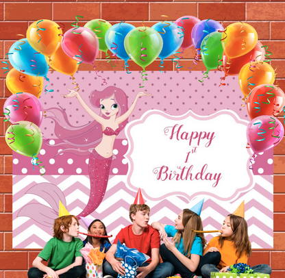 Cartoon Mermaid Princess Happy Birthday Backdrop Banner