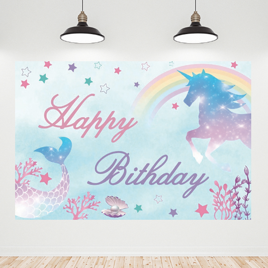 Unicorn Mermaid Happy Birthday Backdrop Banner