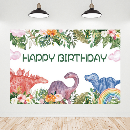 Flora Dinosaur Theme Happy Birthday Backdrop Banner